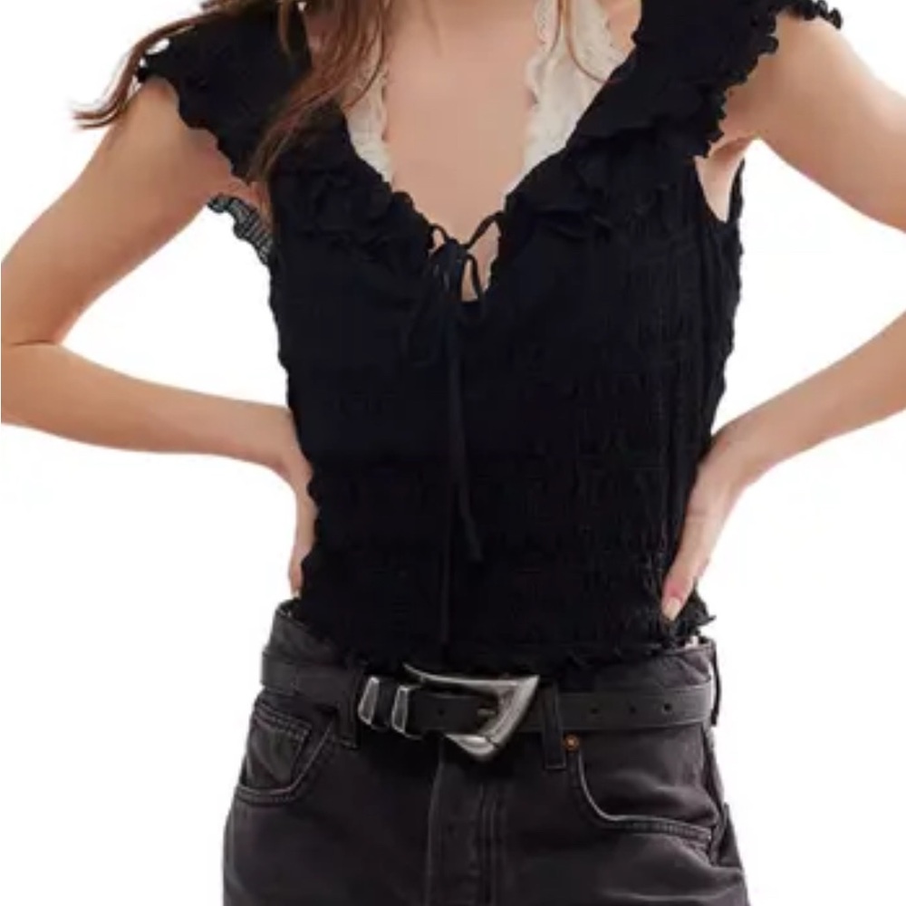 Free People Black Ruffled Smocked Blouse